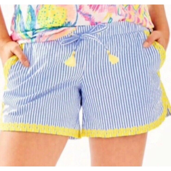 Lilly Pulitzer Size XXS Katia Embroidered Shorts Yellow Blue Peri Swizzle Stripe - Picture 1 of 11